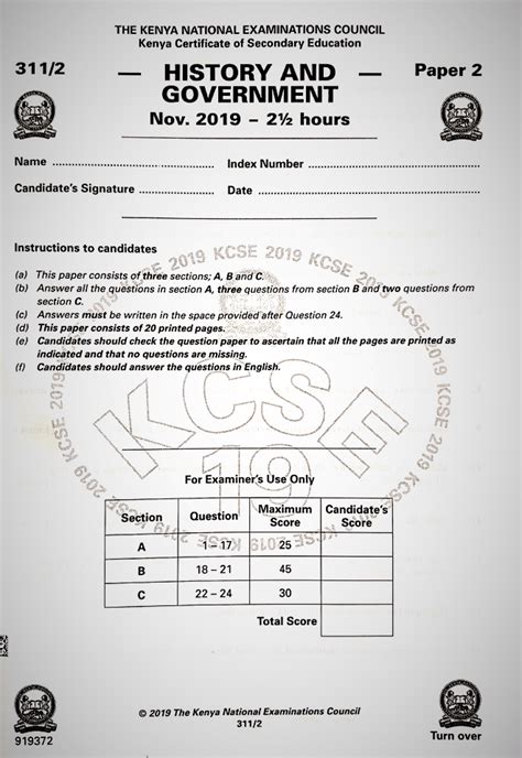 Knec Kcse 2019 History And Government Paper 2 Past Paper In 2020 Past