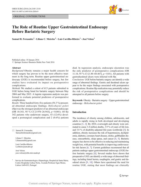 The Role Of Routine Upper Gastrointestinal Endoscopy Before Bariatric Surgery Request Pdf