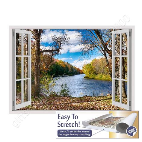 Lake In The Autumn By Fake 3d Window Canvas Rolled Wall Art