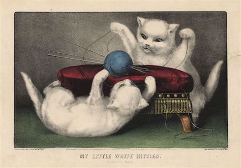 My Little White Kitties Playing Ball Original Small Folio Currier