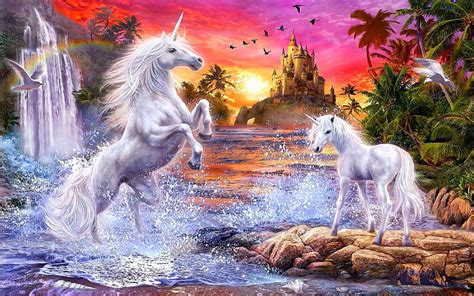 Fantasy Unicorns Castle Sunset River Falls Palm Flowers