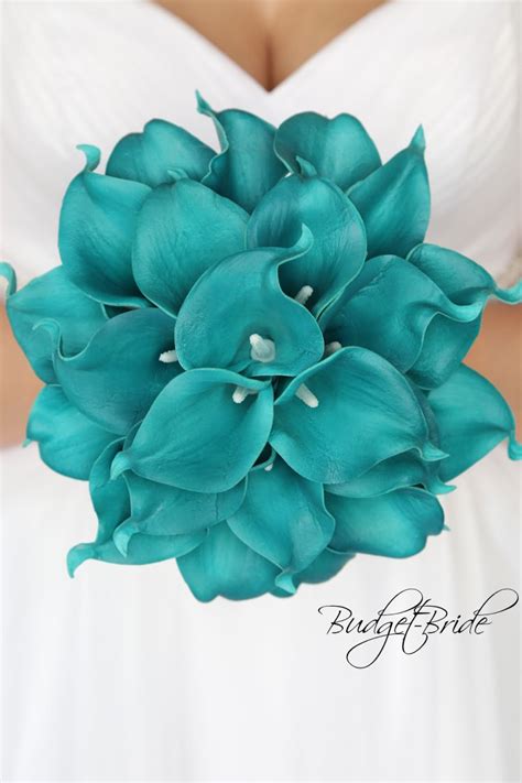 Teal and purple summer wedding, purple bridesmaid dresses and teal bouquet. teal Oasis real touch Calla Lily Wedding Bouquet Davids ...