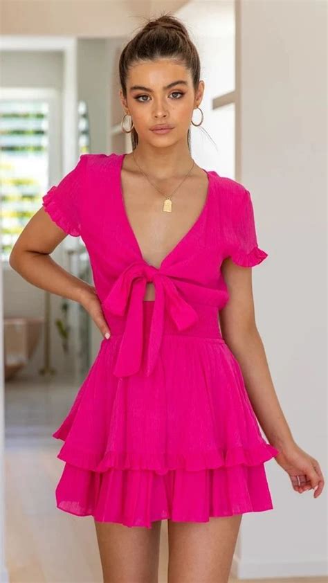 Hot Pink Short Sleeves Front Knot Dress Pink Dress Outfits Pink Dress Casual Pink Dress Short