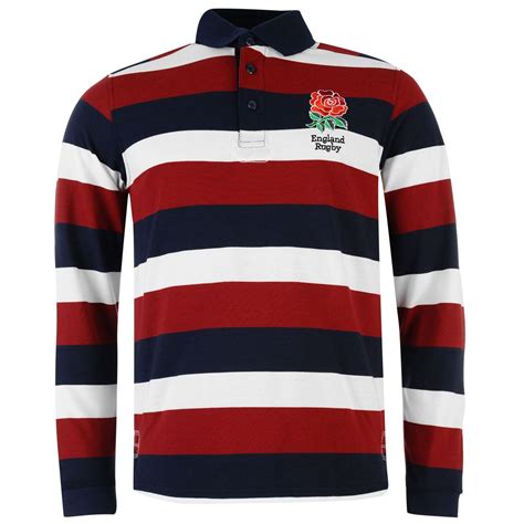 Rfu Mens England Rugby Striped Long Sleeve Polo T Shirt Tee Training