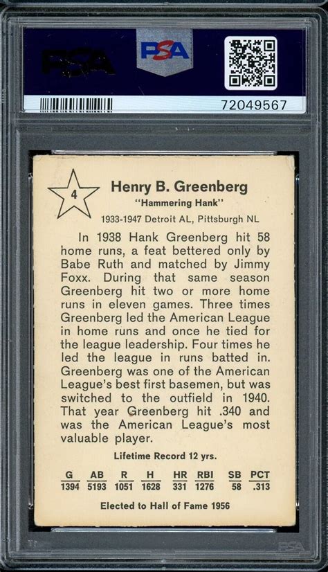 1961 Golden Press Baseball 4 Hank Greenberg Signed Autograph Psa Dna