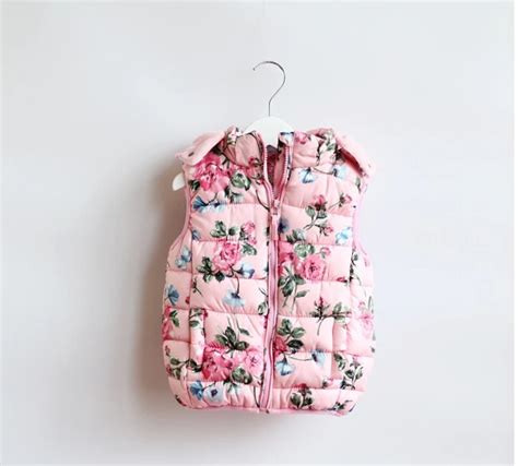 Children Outerwear Baby Girl Floral Waistcoat Hooded Thick Warm Winter