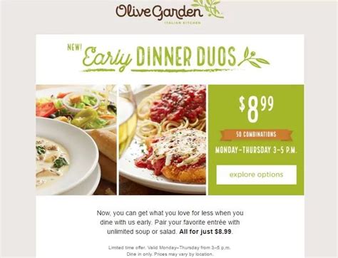 Early Dinner Duos Olive Garden Specials Get 5 Take Home Entrees More