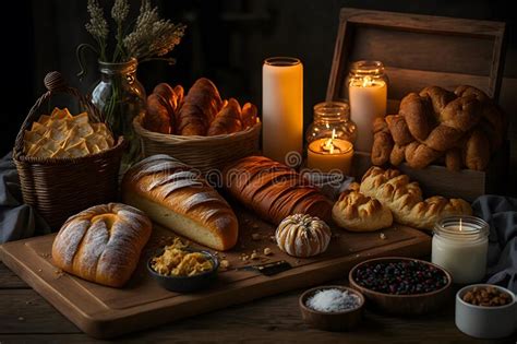 Bakery Product Assortment With Bread Loaves Buns Rolls And Danish