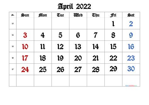 April Calendar 2022 Printable 