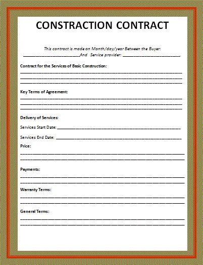 Blank Construction Contract Template Free Word Templates