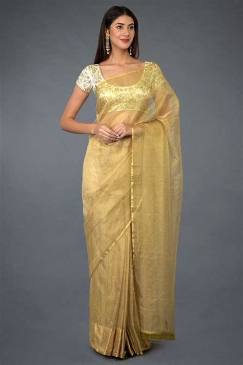 Gold Tissue Saree With Beads And Sequin Zardozi Blouse Saree Designer