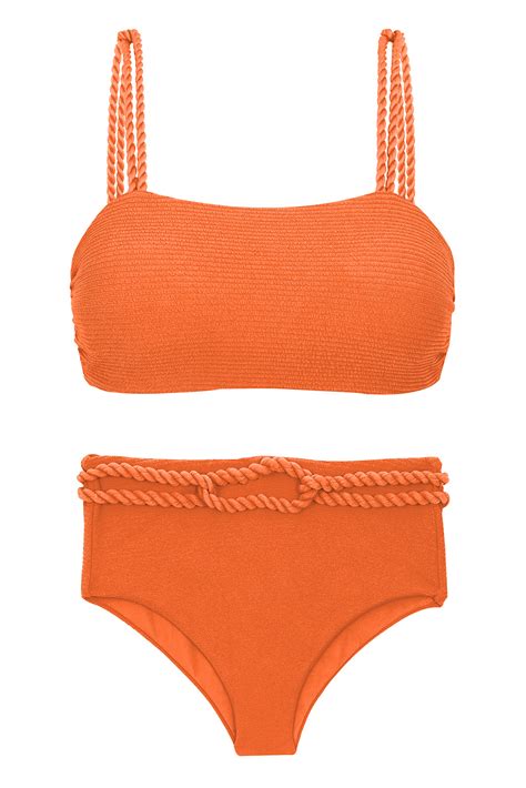 Orange Textured High Waist Bikini With Twisted Rope Set St Tropez