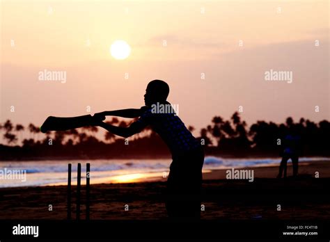 Boy Playing Cricket At Sunset On Tropical Beach In Sri Lanka Stock