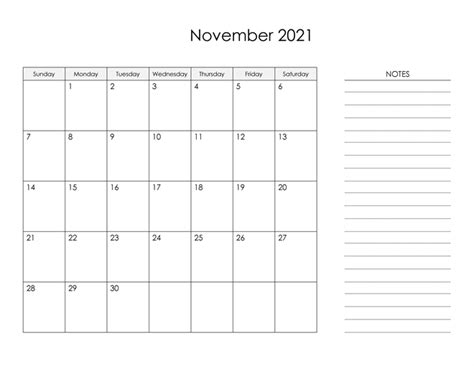 2021 Fillable November Calendar Printable Editable Template With Notes