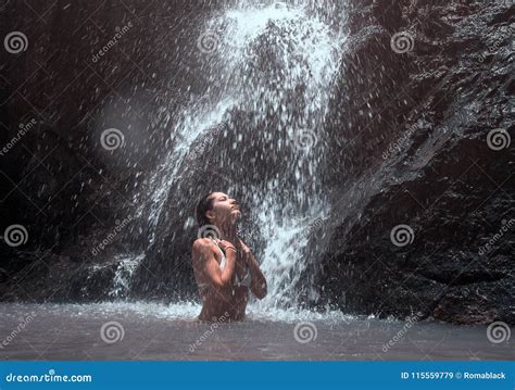 Beautiful Young Woman Enjoy A Waterfall Stock Image Image Of Splash
