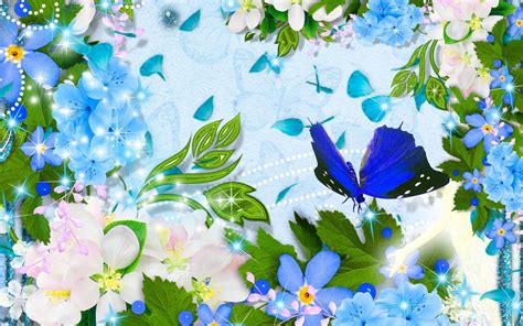 Flowers Butterflies Blue Hd Desktop Wallpaper Widescreen