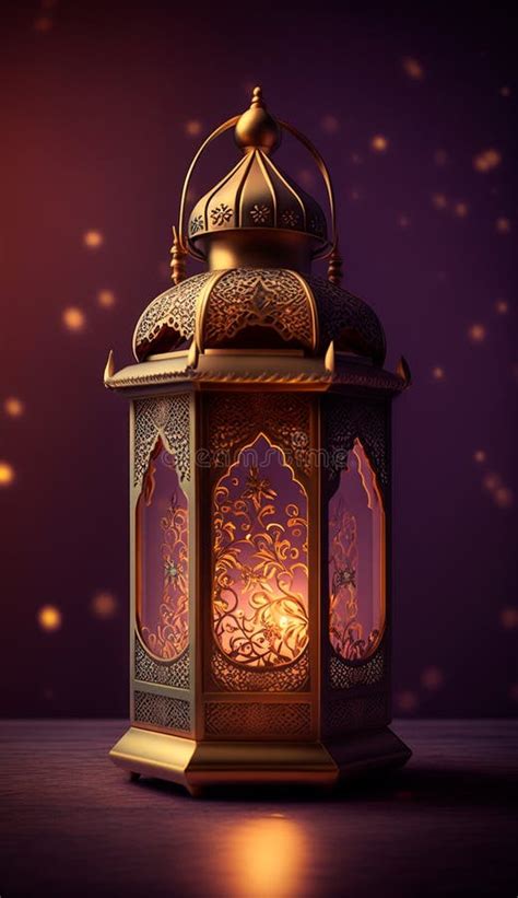 Ornamental Arabic Lantern With Burning Candle Glowing At Night Festive