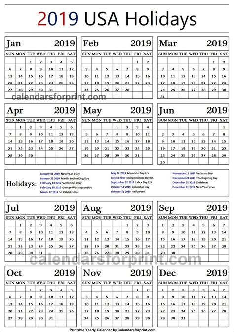 2019 Us Holiday Calendar Holiday Calendar Blank Calendar Template