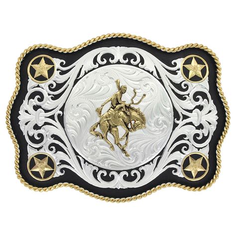 Scalloped Sheridan Style Western Belt Buckle With Bronc Rider Montana