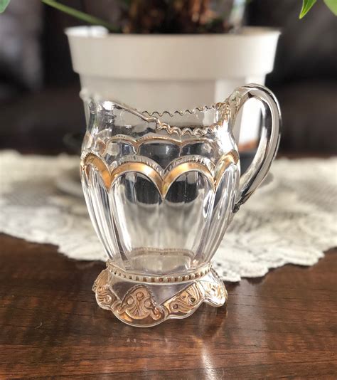 Vintage Clear Glass Creamer With Gold Trim 497 Etsy