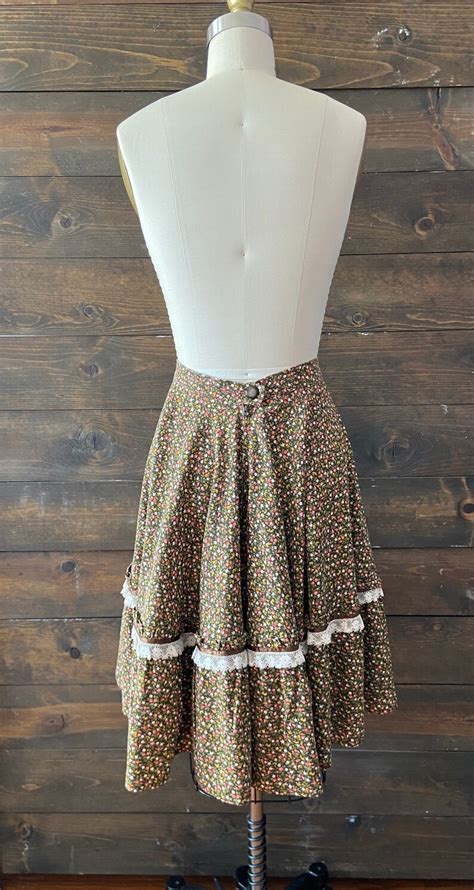 Vintage 70s Prairie Calico Skirt Square Dance Skirt Brown Etsy