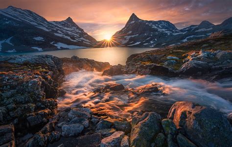 Wallpaper Sunset Mountains Lake Stream Norway Norway The