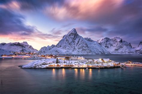 Hd Wallpaper Snow Covered Village Mountains Island Norway The