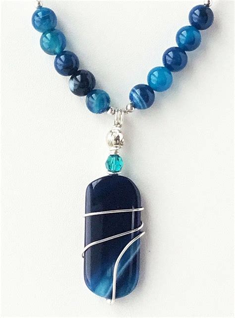 Blue Sardonyx Agate Beaded Necklace Sterling Wire Wrapped Etsy