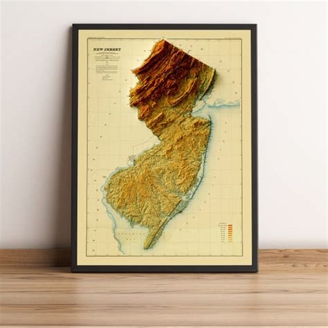 New Jersey Map New Jersey Relief Map Vintage Map Of New Etsy