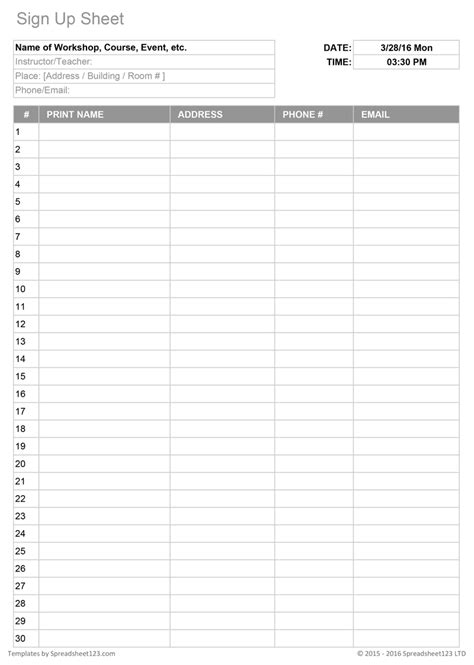 Monthly Sign Up Sheet Templates Calendar Template Printable