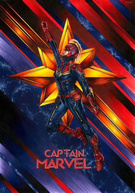 The Captain Marvel Movie Poster Is Shown In Red Blue And Yellow