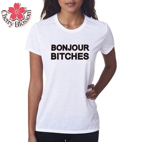 Cherry Blossom Women Tops Bonjour Bitches Letter Printed Short Sleeve T