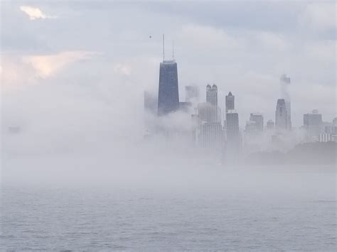 Chicago Skyline In The Fog View From Relent Less The Great Lakes