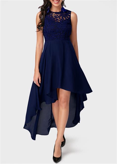 High Low Lace Panel Navy Blue Dress Lace Panel Dress High Low Chiffon Dress Blue High Low Dress