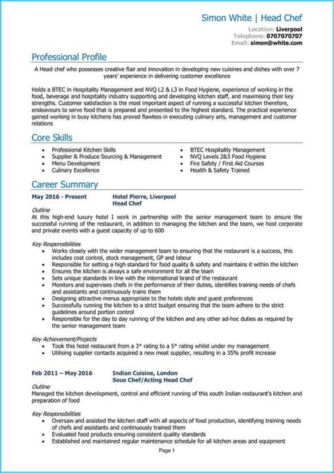 Head Chef Cv Example Myperfectcv Riset