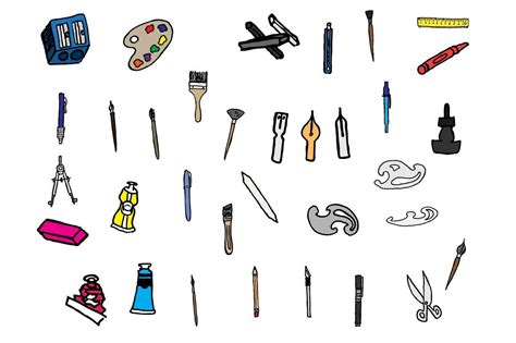 34 Hand Drawn Art Supplies Doodles Custom Designed Graphic Objects