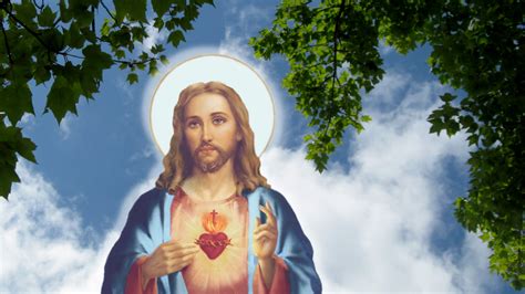 Jesus With White Circle On Back Of Head In Background Of Green Trees