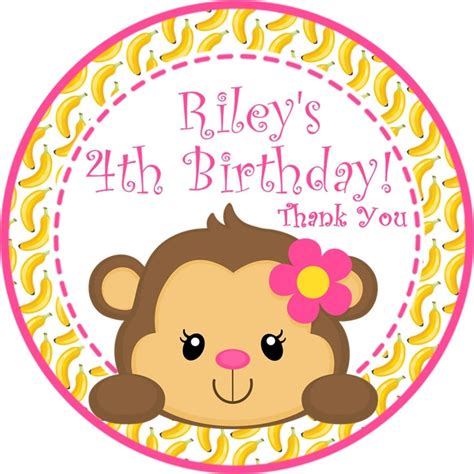 Girls Pink Jungle Monkey Birthday Party Stickers Monkey Etsy