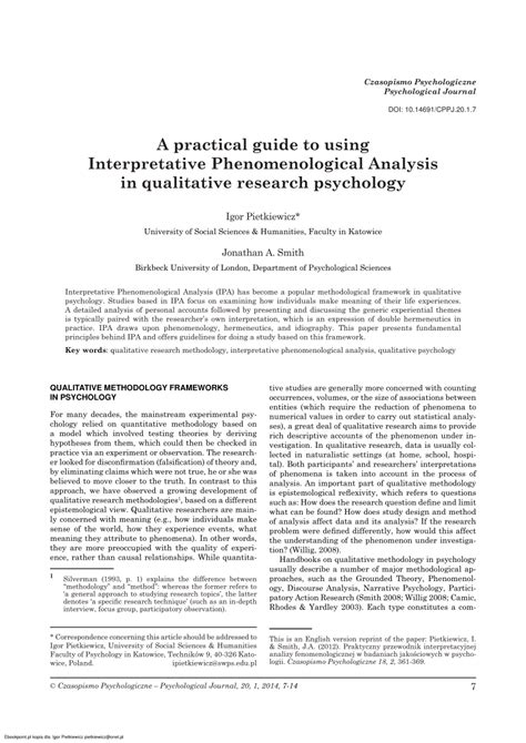 Begin by discussing the research question and talking about whether it was answered in the research paper. (PDF) A practical guide to using Interpretative ...