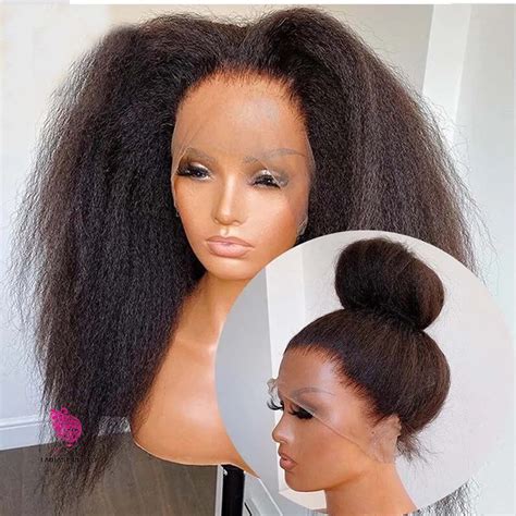 Long Kinky Straight Synthetic Lace Front Wigs Natural Black Color For
