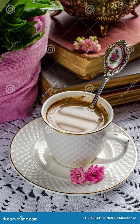 Beautiful Still Life In Vintage Style With Coffee Cup And Books Stock