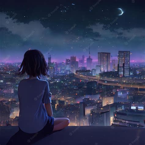 Premium Photo Cute Anime Woman Looking At The Cityscape By Night Time