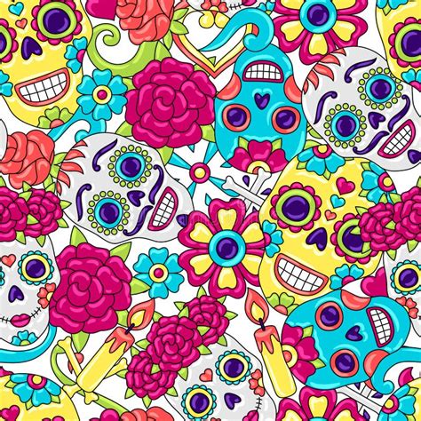 Day Of The Dead Seamless Pattern Sugar Skulls With Floral Ornament