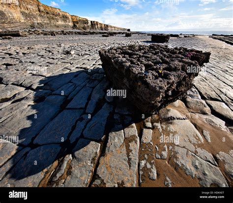 Remnant Block Of Jurassic Lias Limestone Beds On Wave Cut Platform Near