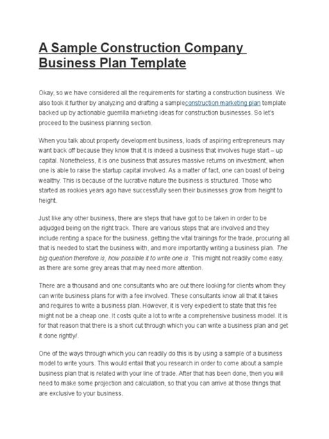 Business plan templates take your business to the next level. A Sample Construction Company Business Plan Template ...