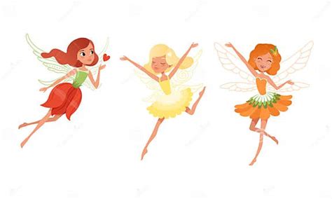 Cute Girls Fairies With Wings Set Beautiful Girls Flying In Colorful