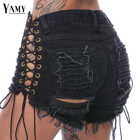 Sexy Black Lace Up Shorts Jeans Summer Hole High Waist Denim Short Fashion Tassel Hollow Out