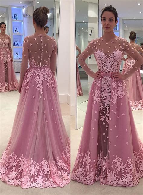 Floor Length Scoop Neck A Line Princess Appliques Long Sleeves Prom Dresses Blushing Pink Pearl