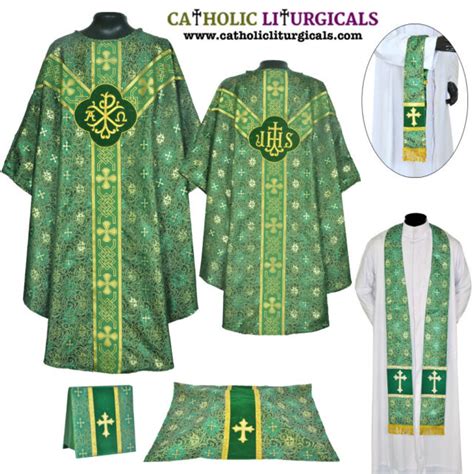 Clergy Embroidered Chasuble Green Gothic Vestment And Mass Set 5pc