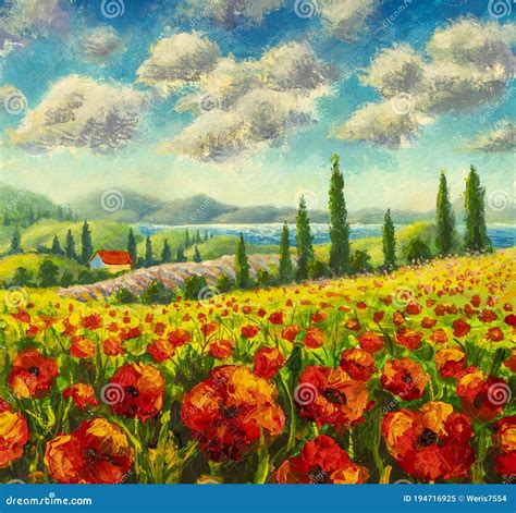 Landscape With Colorful Flowered Red Poppies Field In Tuscany Italy